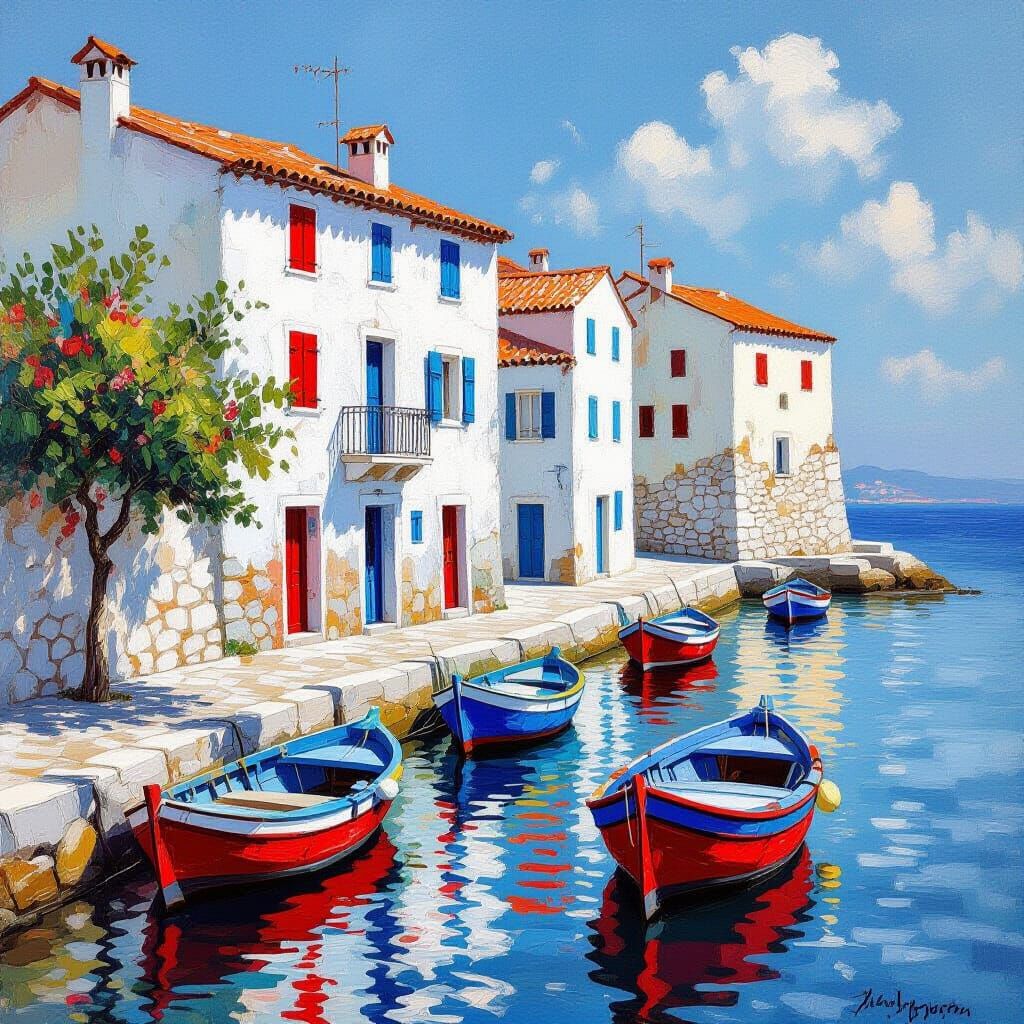 Mediterranean Harbor Scene in Impressionistic Style