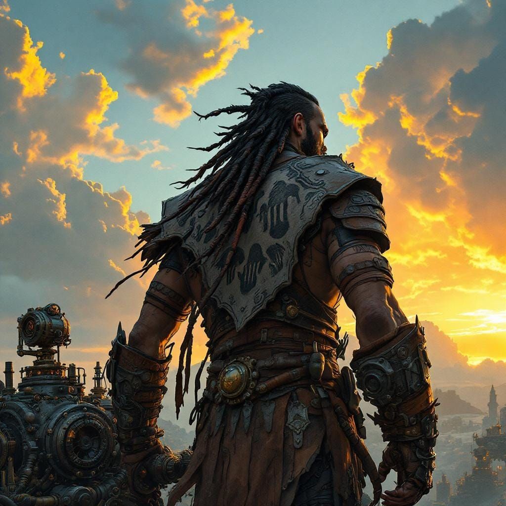 Tribal Warrior Preparing for Battle in Steampunk Style