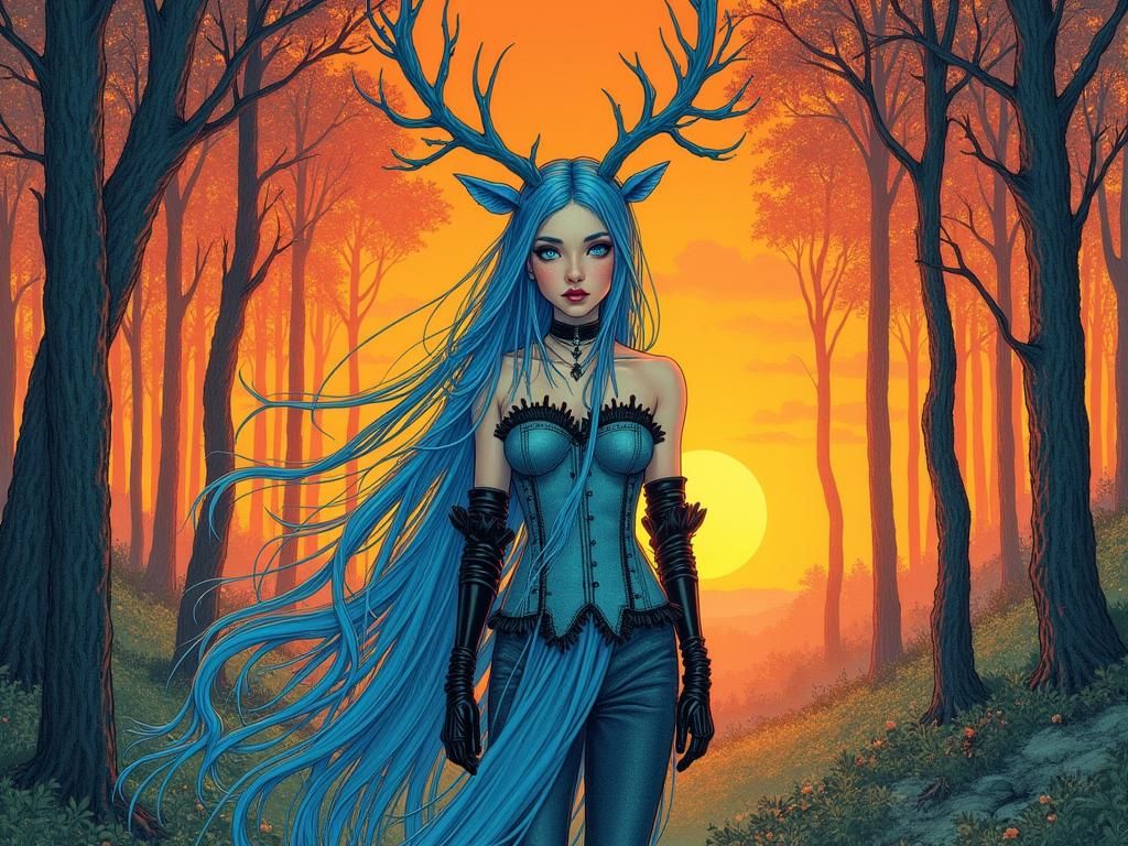 Whimsical Forest Woman with Antlers Illustration