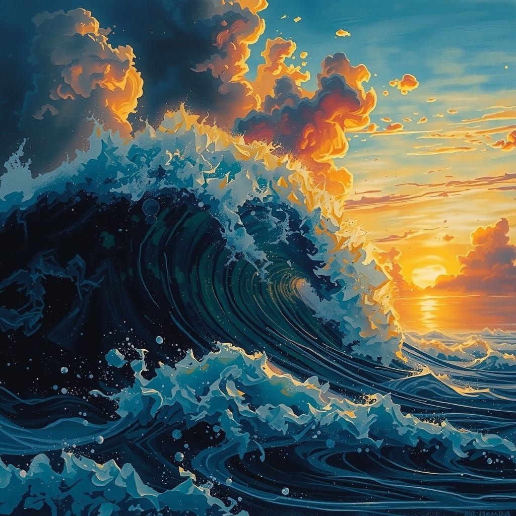 Storm Wave Sunset in Heavy Impasto Style