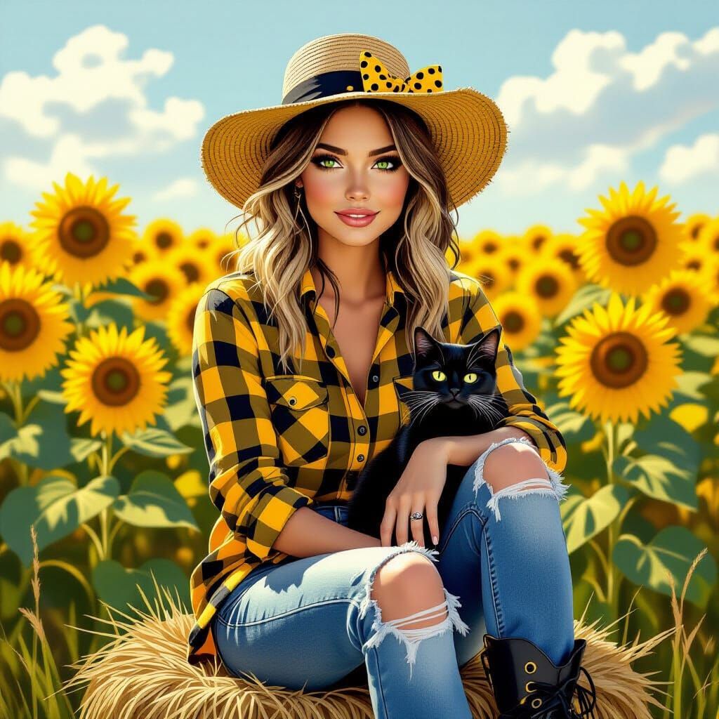 Woman with Cat in Sunflower Field, Illustrated Art