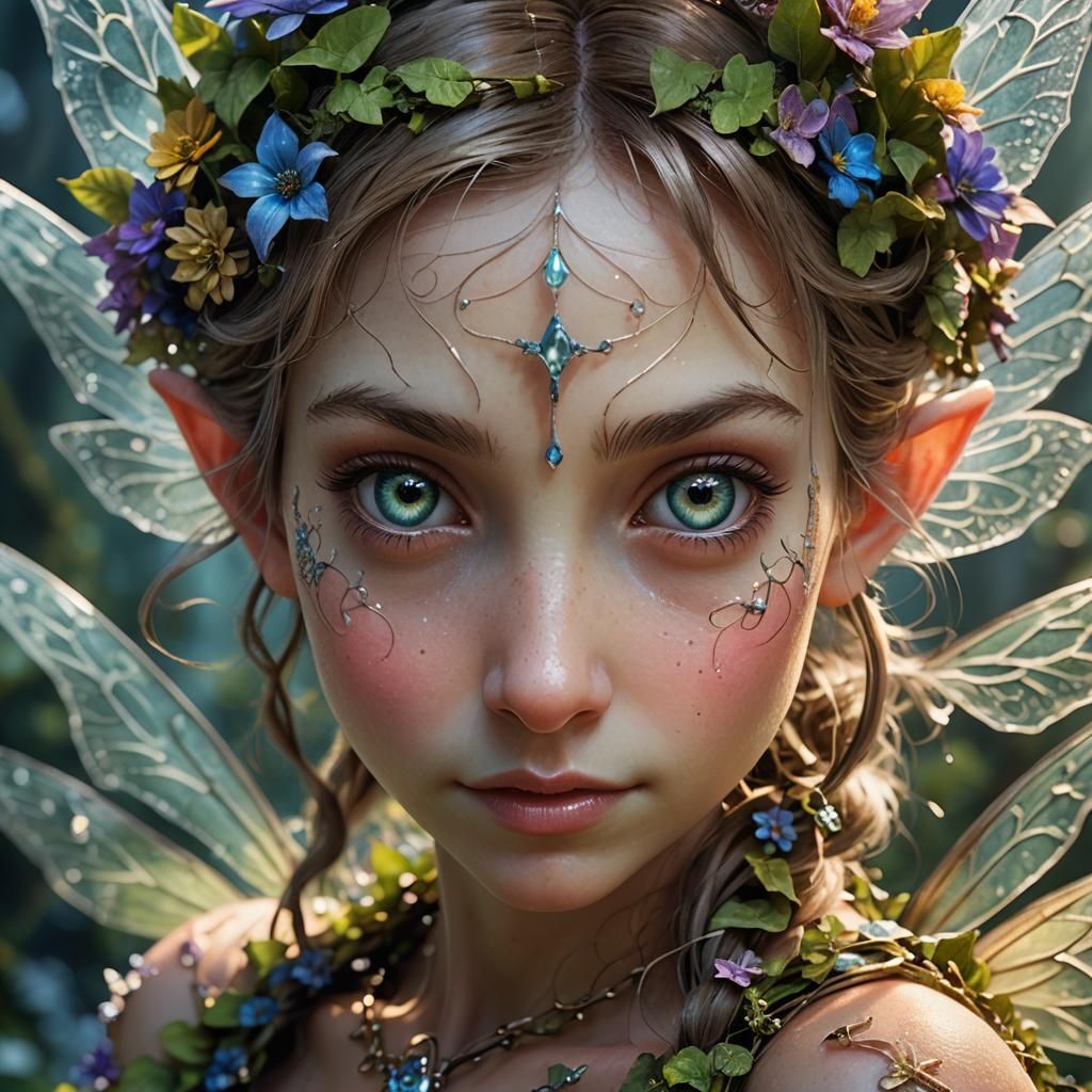 Enchanting Fairy Close-Up: Humorous, Detailed, HDR Image