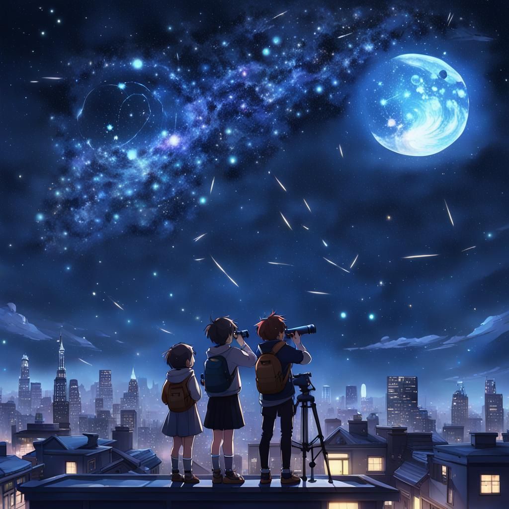 Friends Stargazing on Rooftop in 3D Anime Art