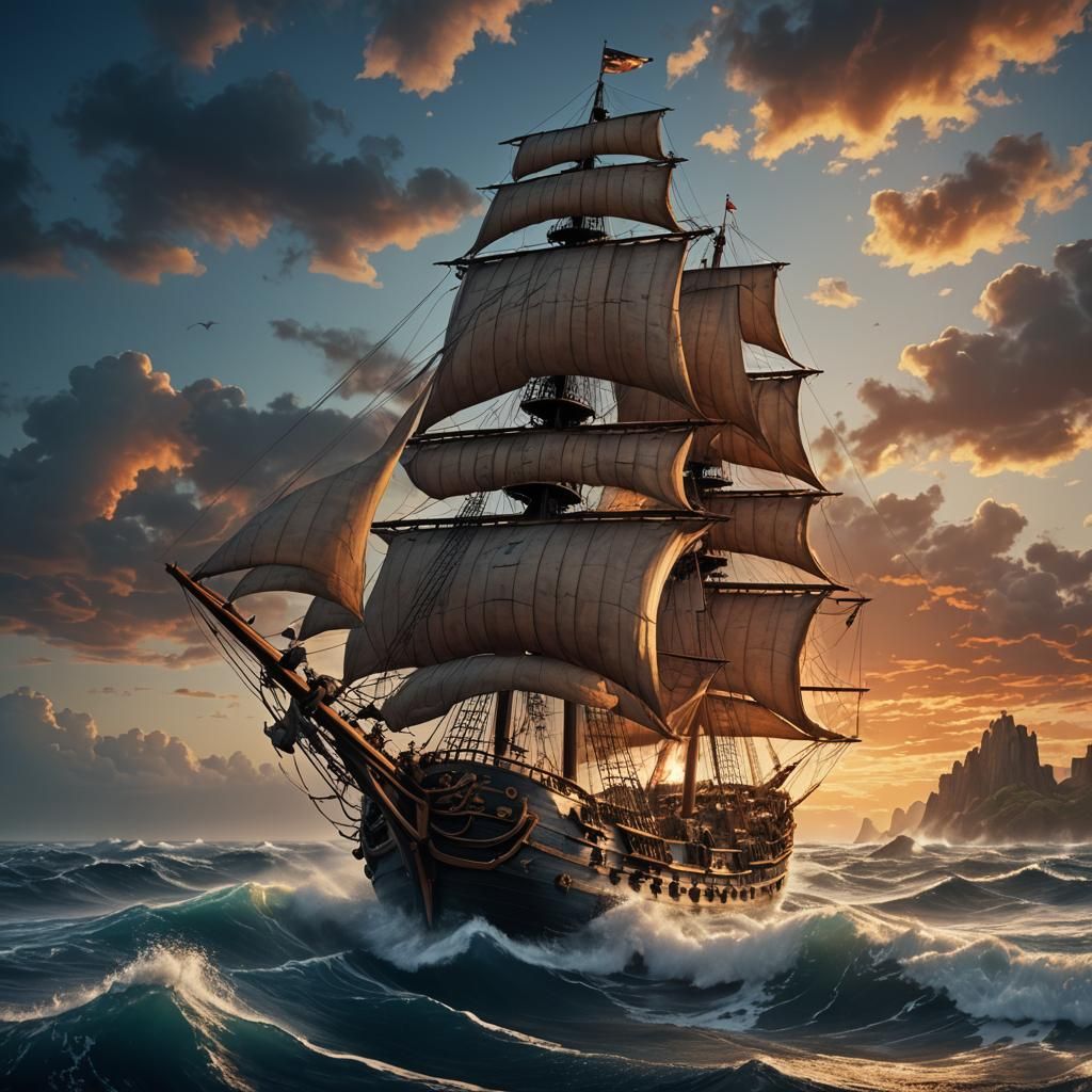 Pirate Ship on Twilight Sea as Matte Painting
