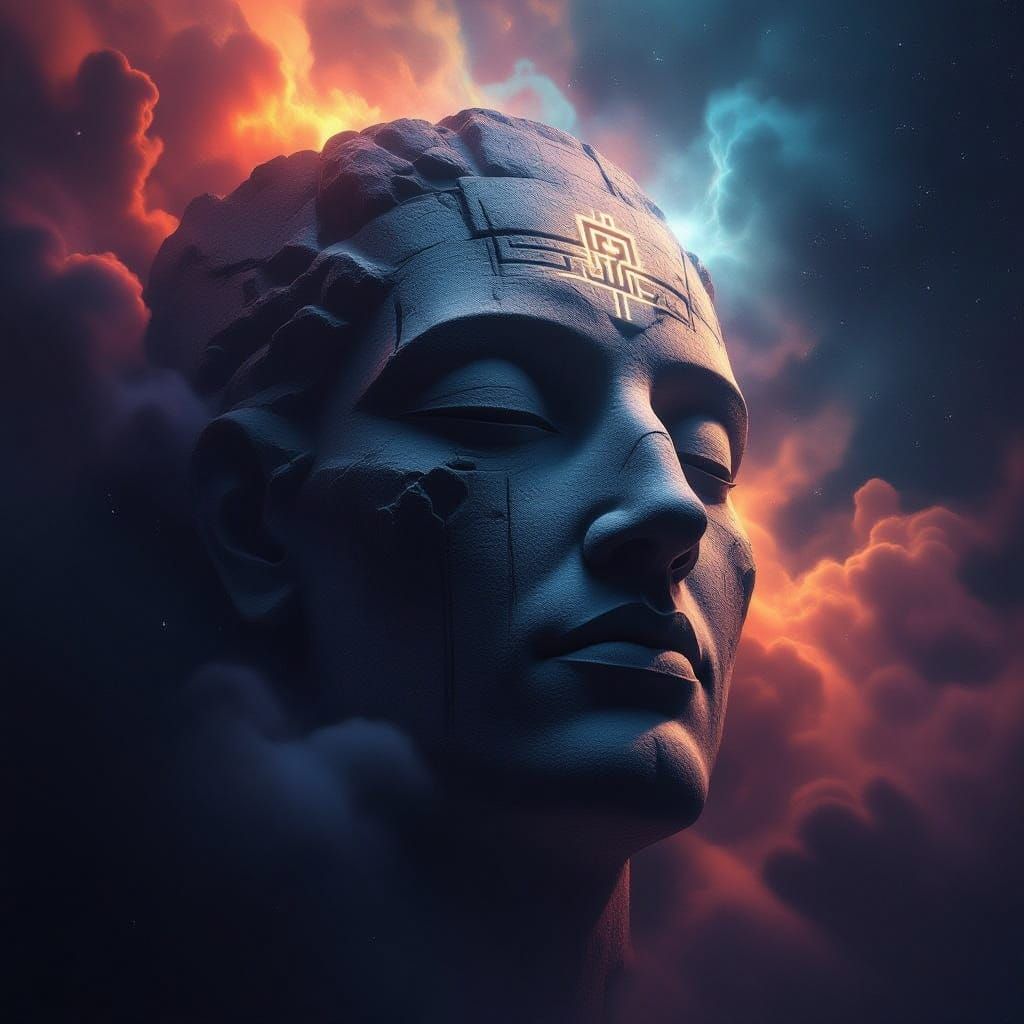 Cosmic Stone Head in Nebula - Hyperrealistic Concept Art