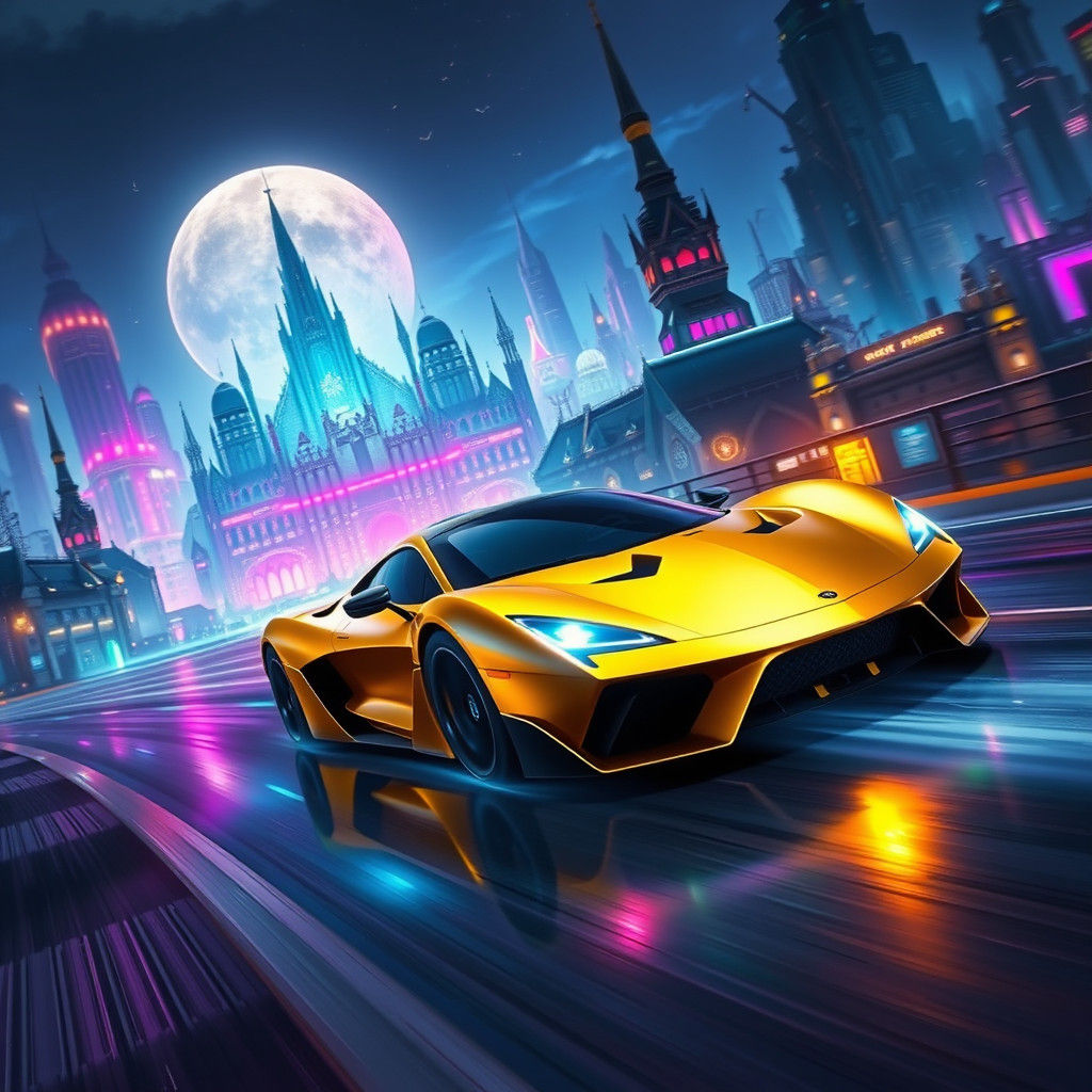 Gold Sports Car Speeding Through Neon Cyberpunk City