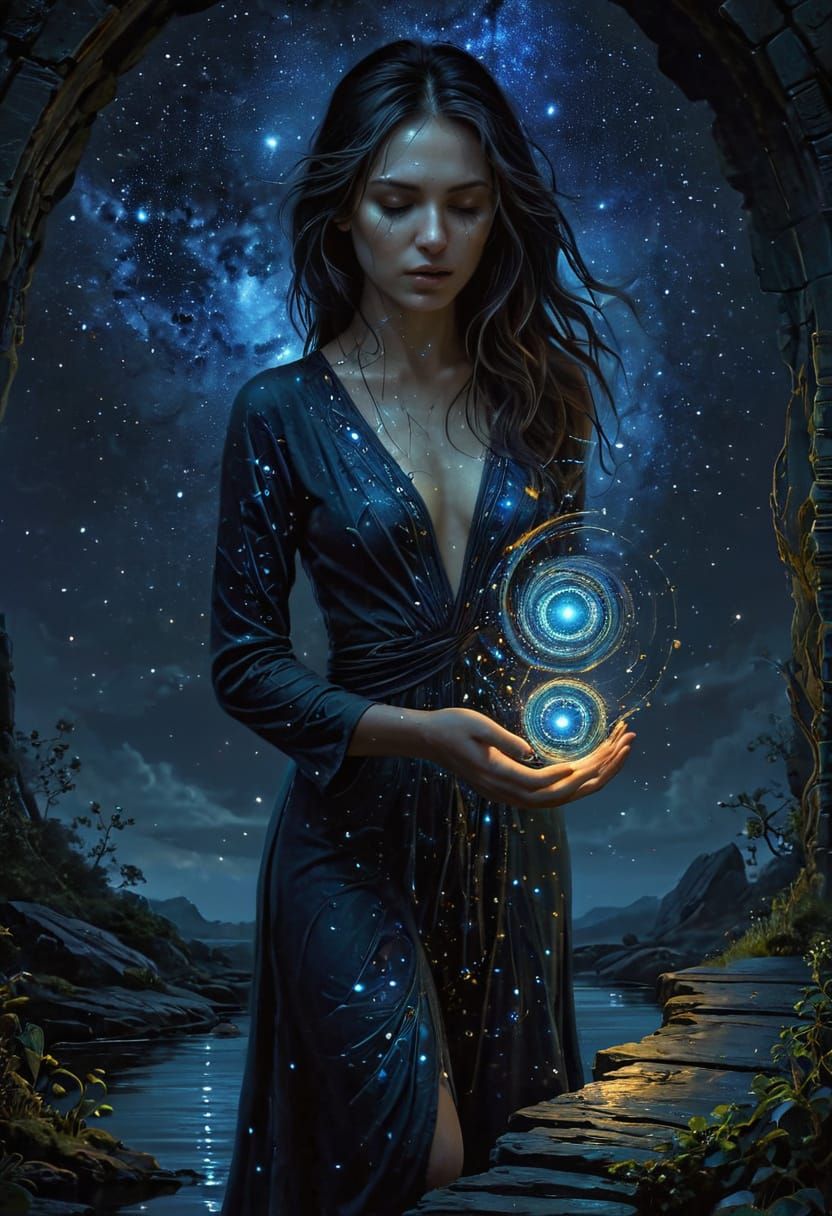 Surreal Dark Fantasy Painting of Woman on Bridge