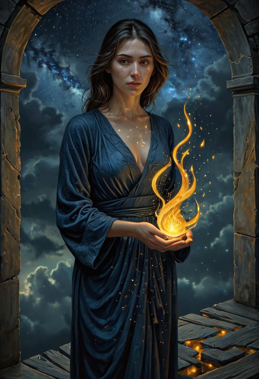 Surreal Woman Holds Golden Flame on Impossible Bridge