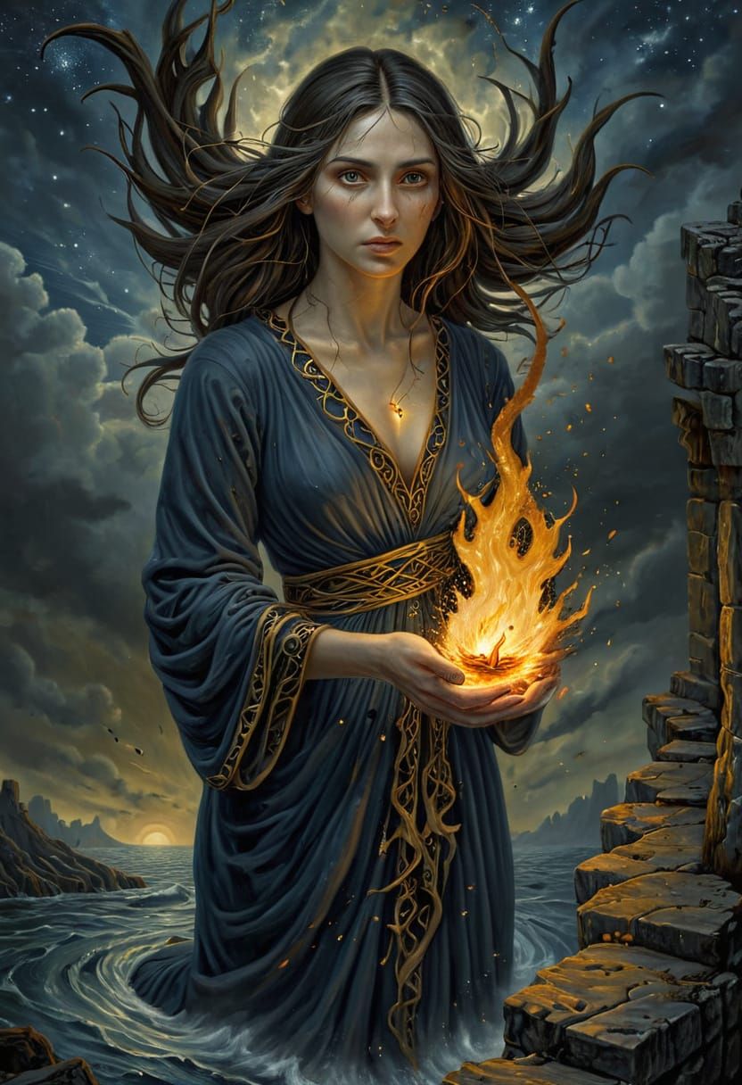 Surreal Dark Fantasy Woman Holds Flame on Impossible Bridge