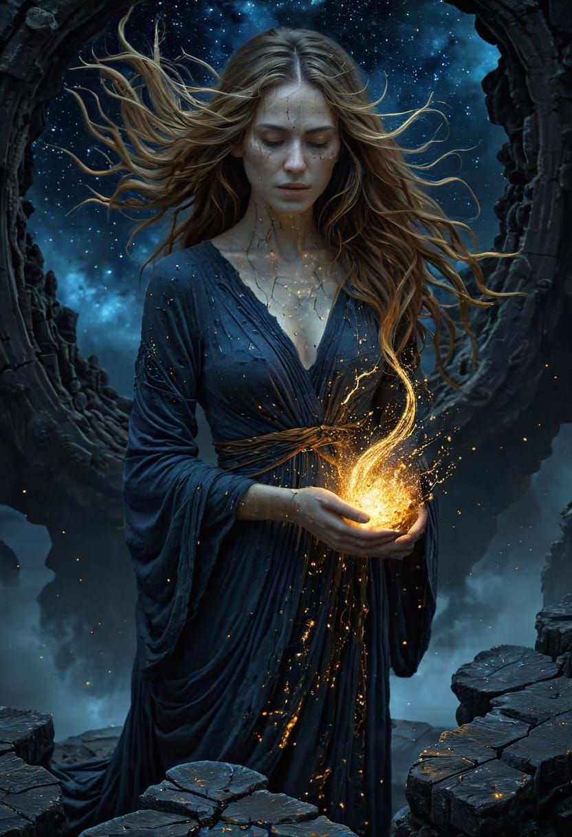 Dark Fantasy Woman Holds Golden Flame on Impossible Bridge