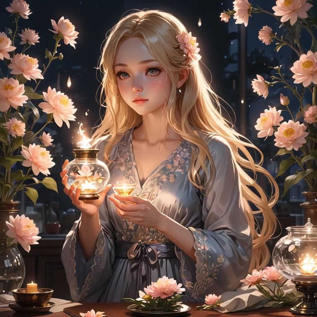 Girl with Oil Lamp Staring at Luminous Flower