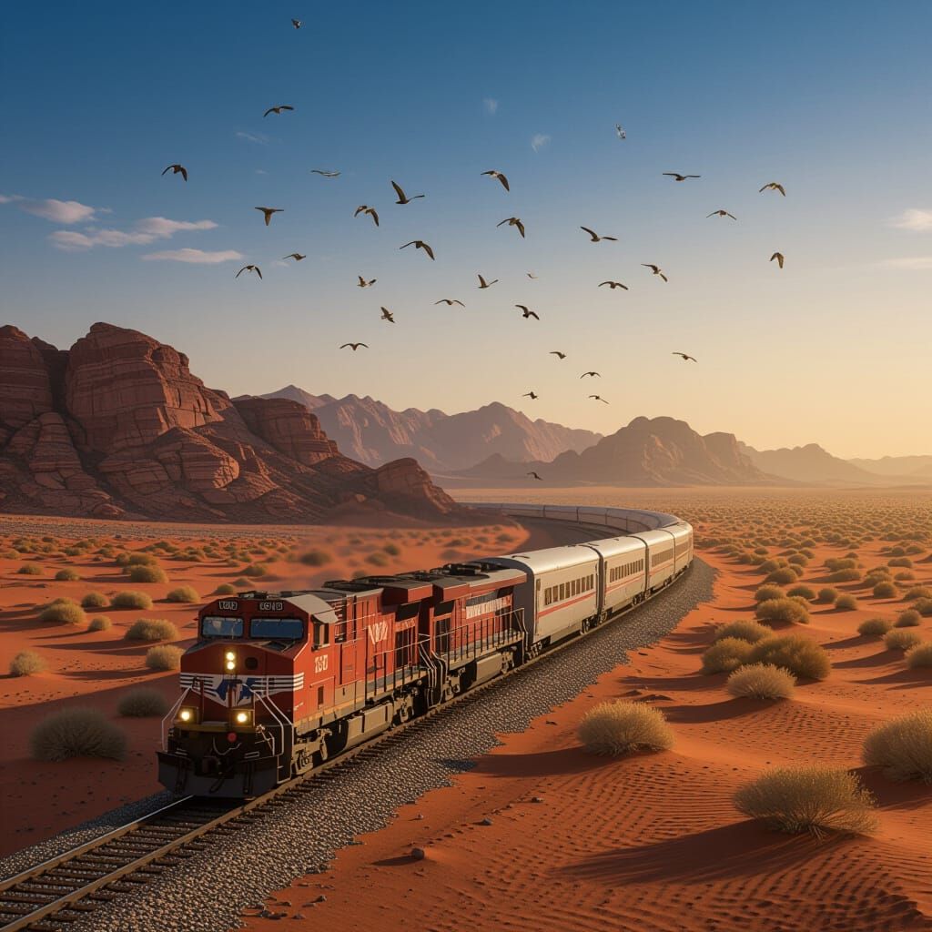 Train Journey Through Desert at Sunset