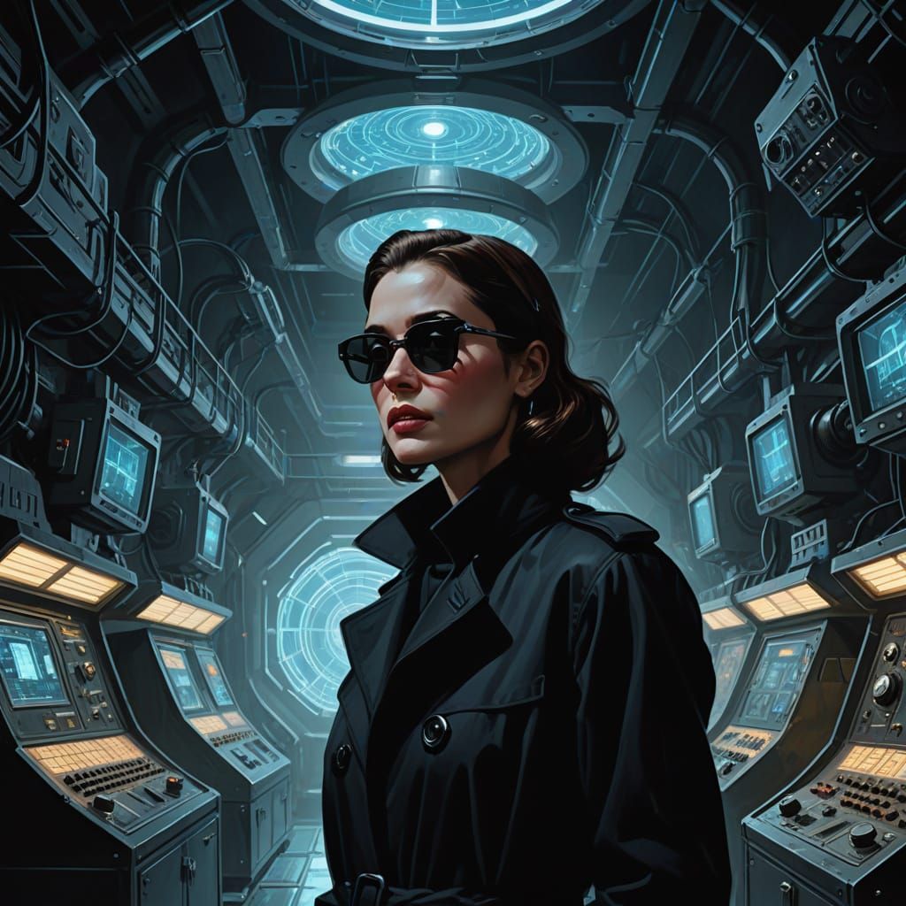 Retro-Futuristic Spy in Cyberpunk Base