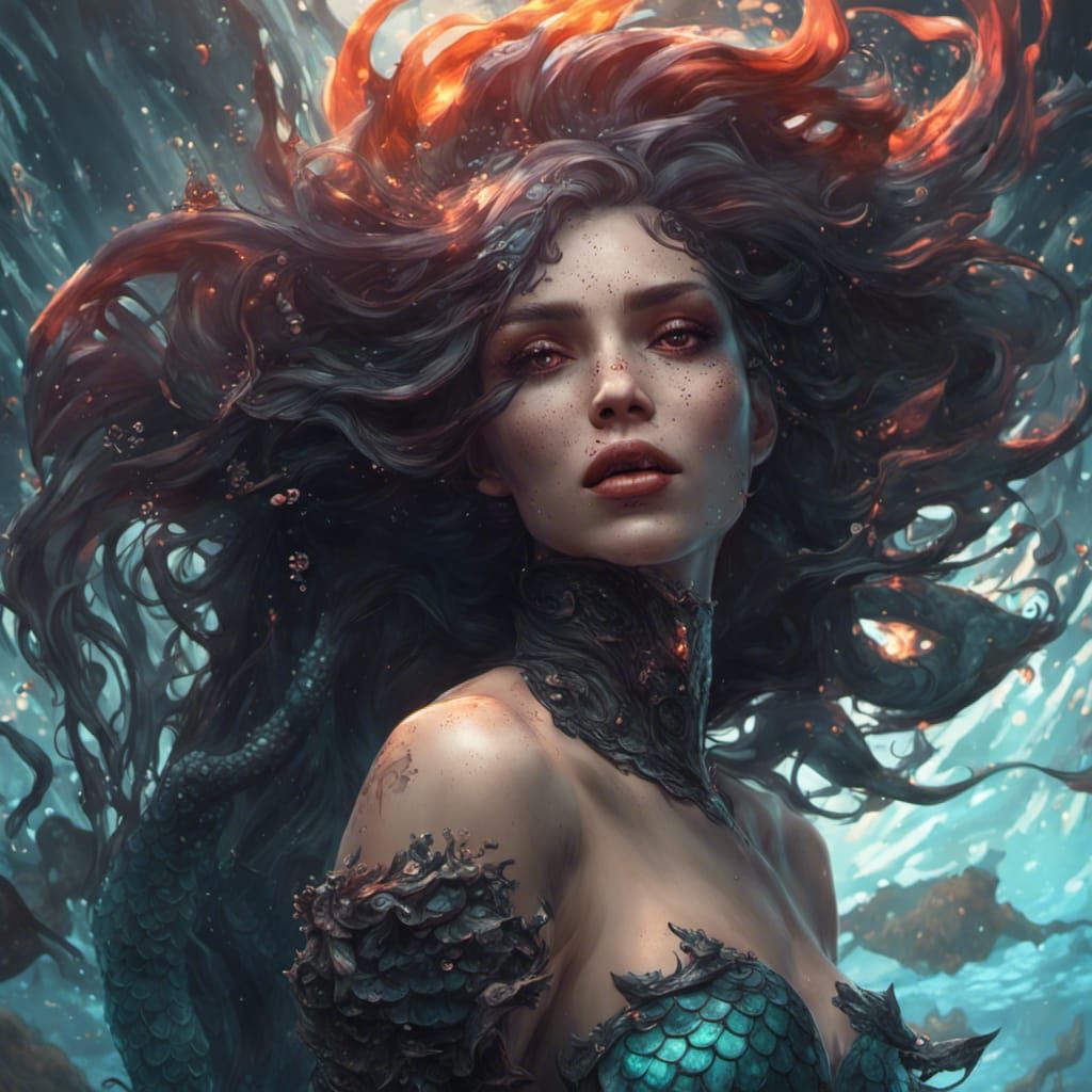 Vampiric Mermaid with Oily Scales: Detailed Concept Art