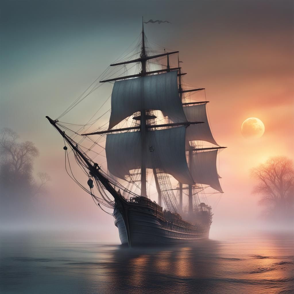 Hyperrealistic Skeleton Ship in Fog