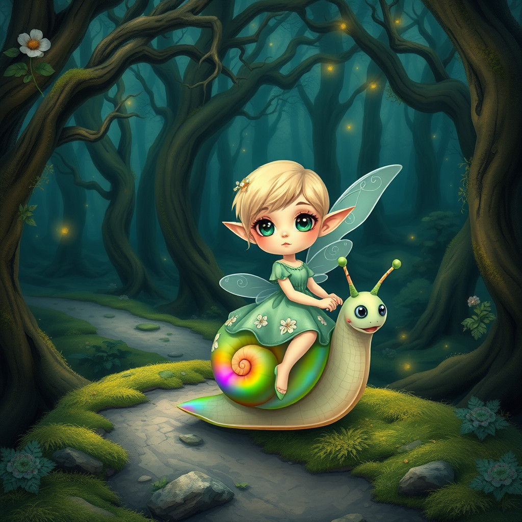 Chibi Fairy Elf Rides Rainbow Snail