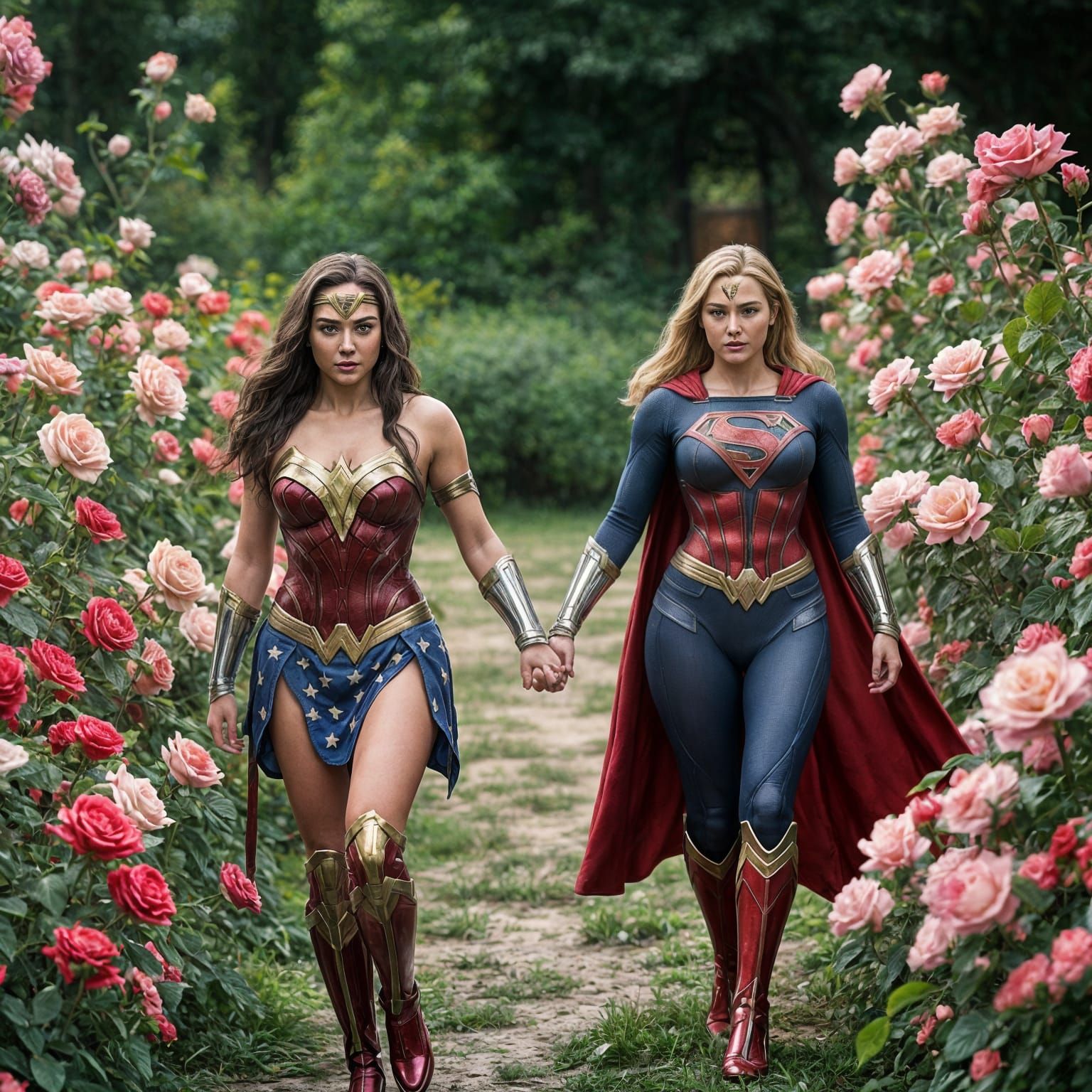 Wonder Woman and Supergirl in Rose Garden