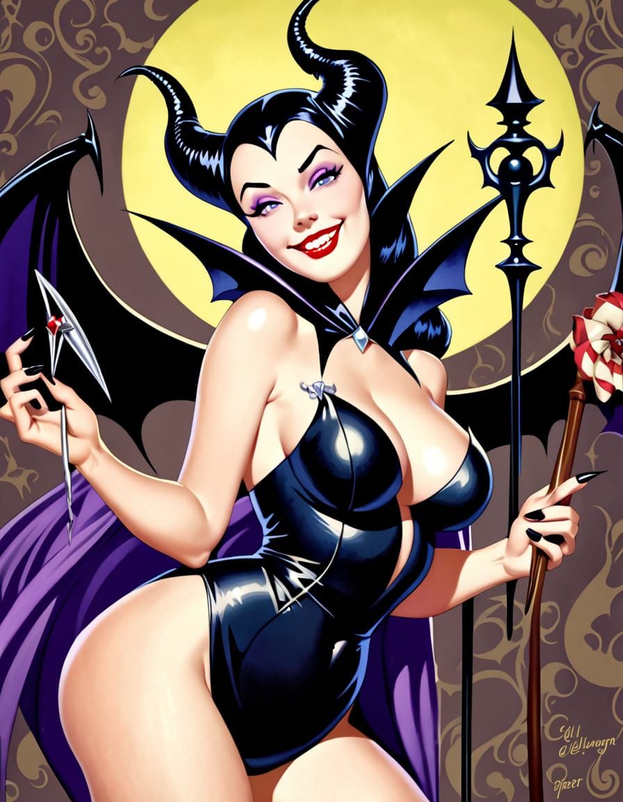 Maleficent Pin-Up with Evil Grin in Fantasy Art Style