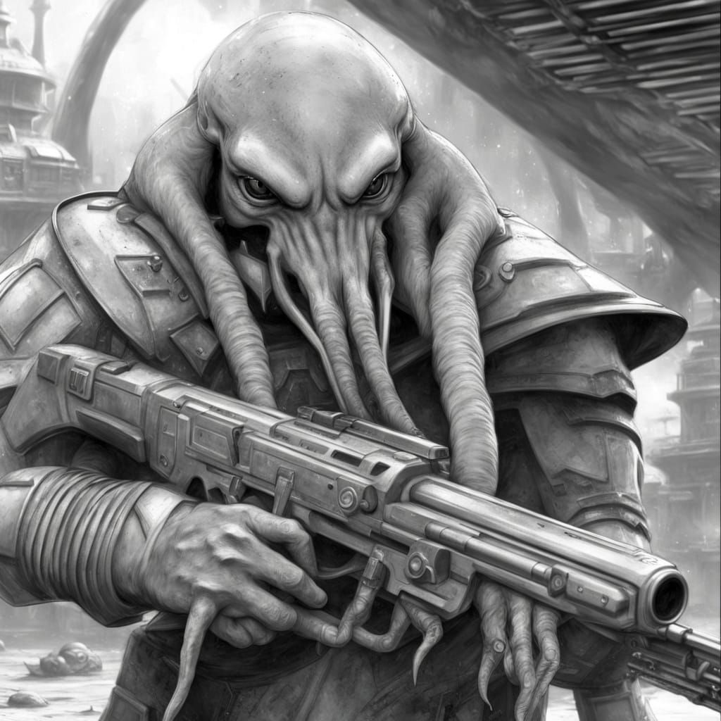 Sci-Fi Bounty Hunter: Squid Face, 4 Tentacles, Neon Alley