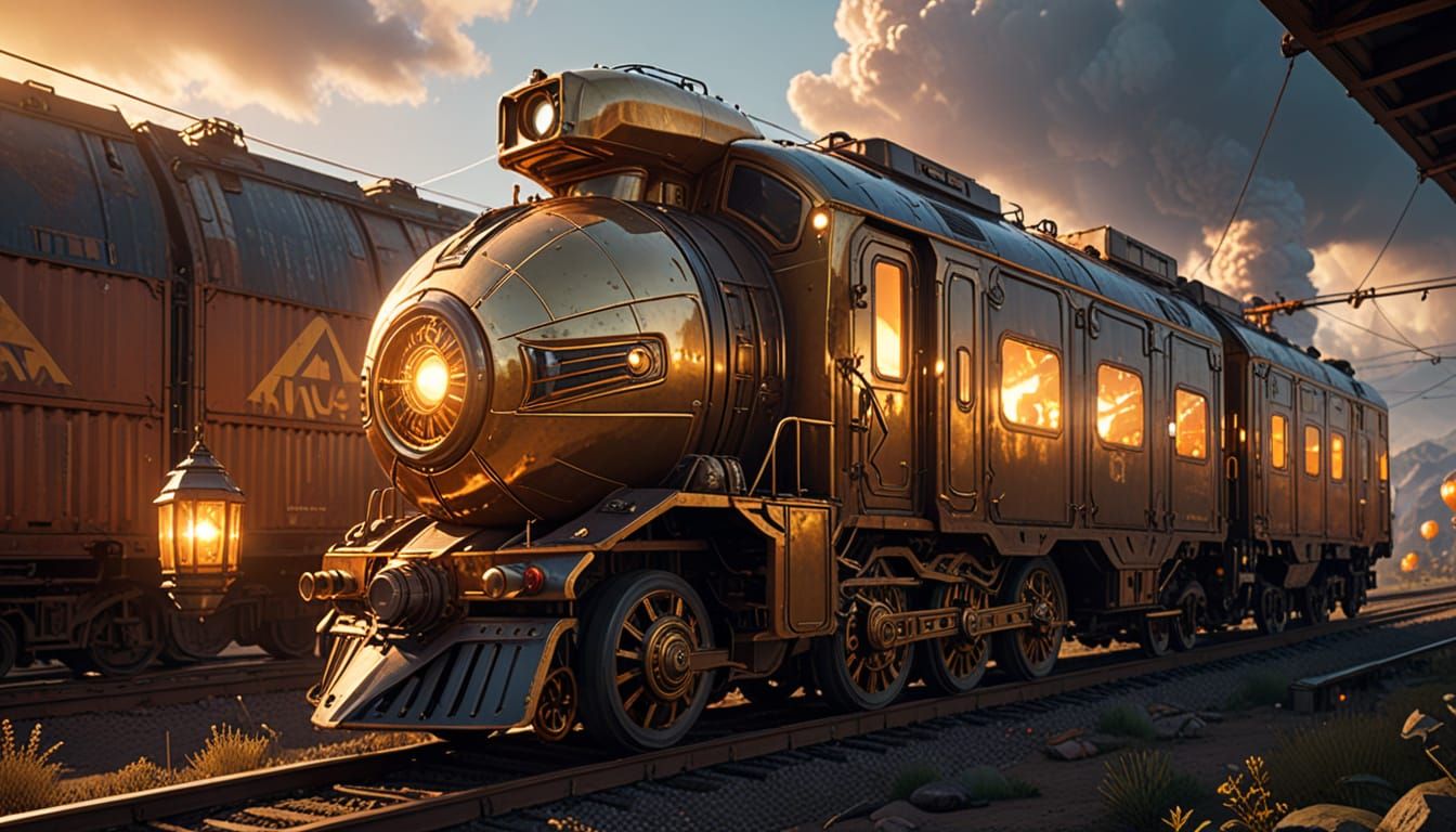 Whimsical Train Conquers the Cosmos in Golden Hour
