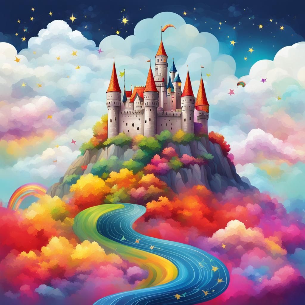 Whimsical Castle in the Sky with Sparkling Waves
