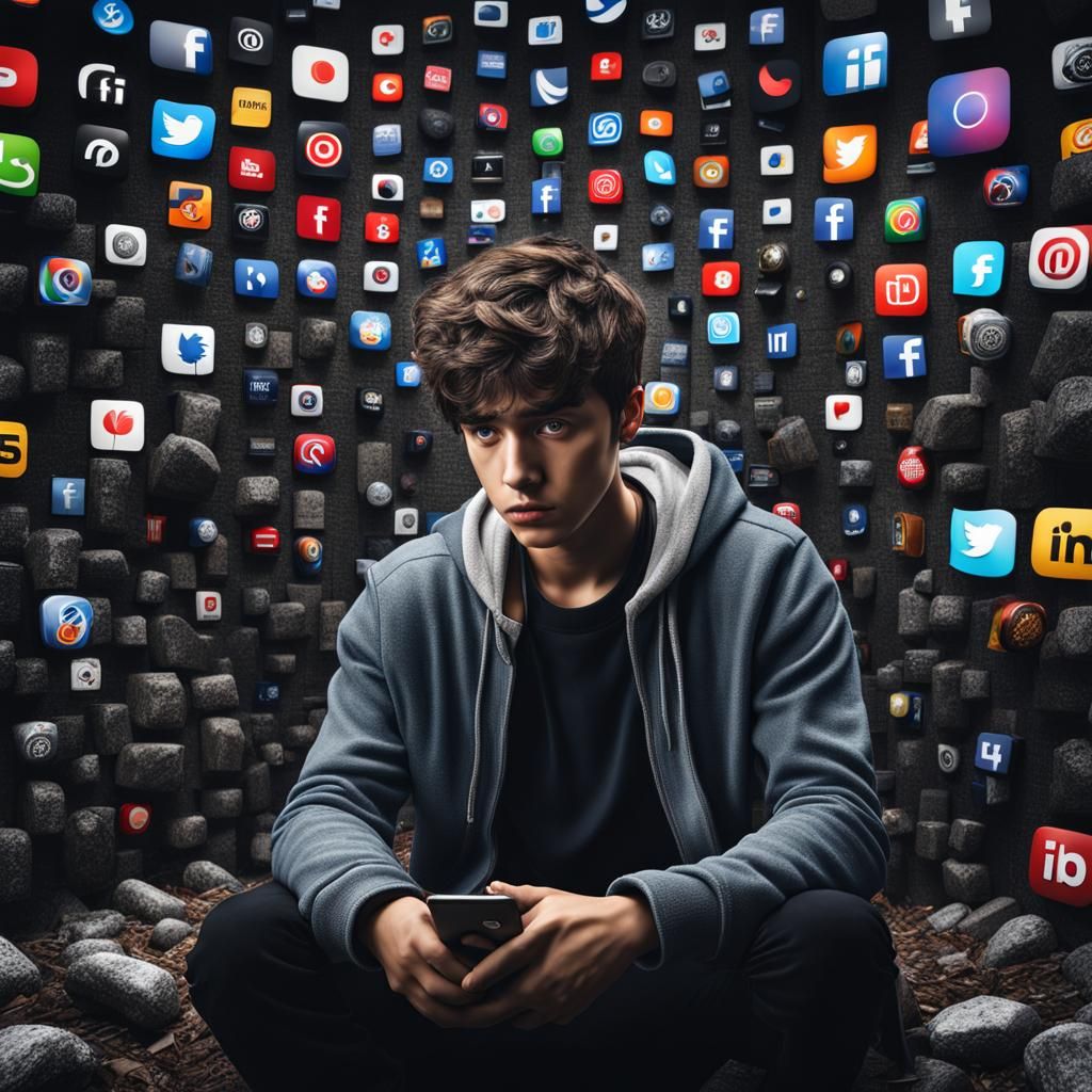 Boy Overwhelmed by Social Media: Hyperrealistic Portrait