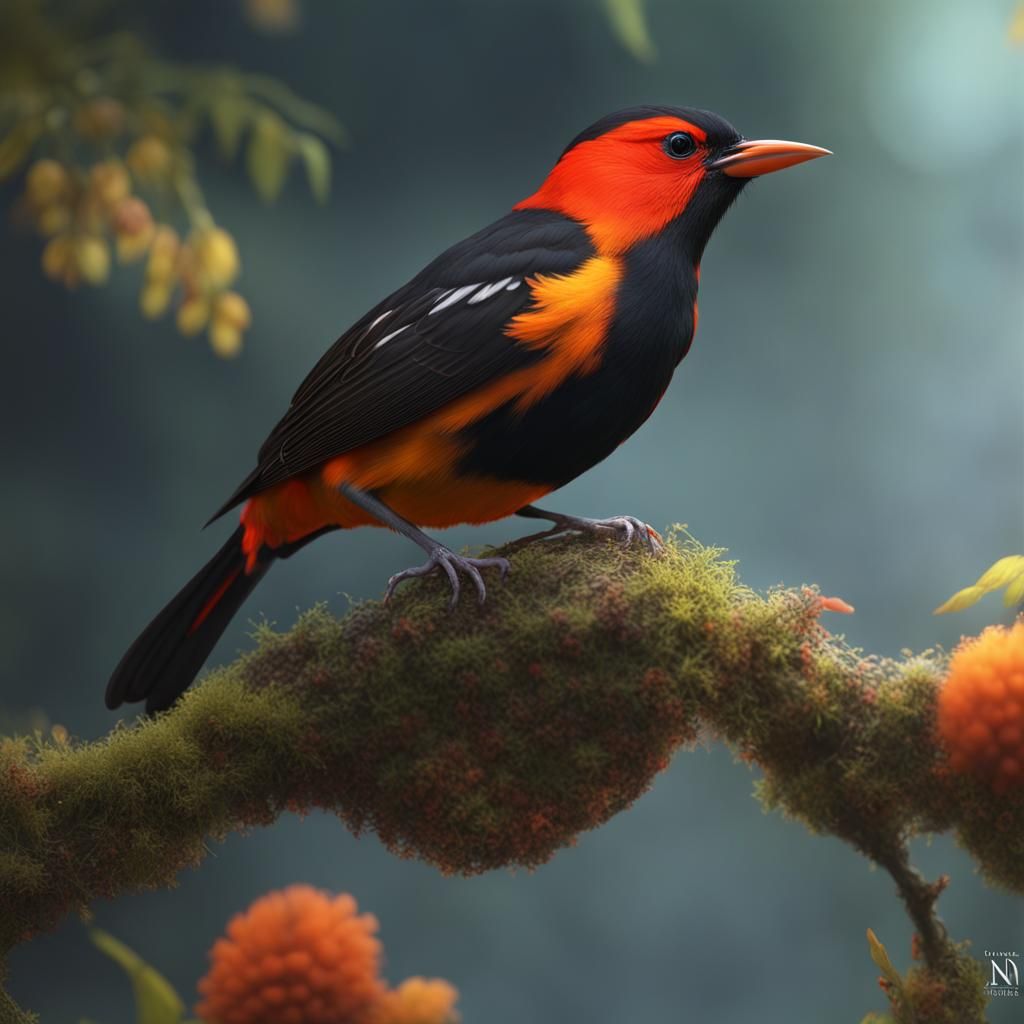 Red-Capped Manakin/Baltimore Oriole Hybrid: Detailed Matte P...