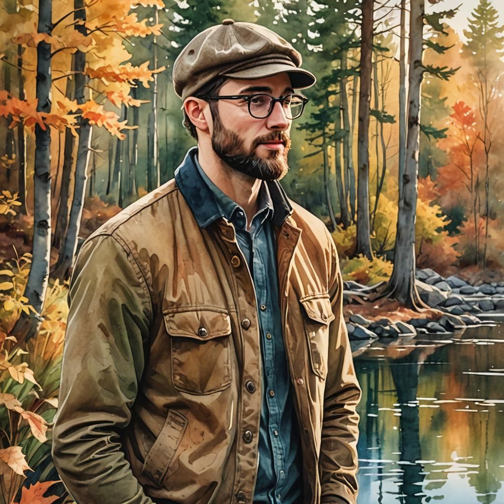 Handsome Man in Autumn Outfit: Watercolor and Ink Illustrati...