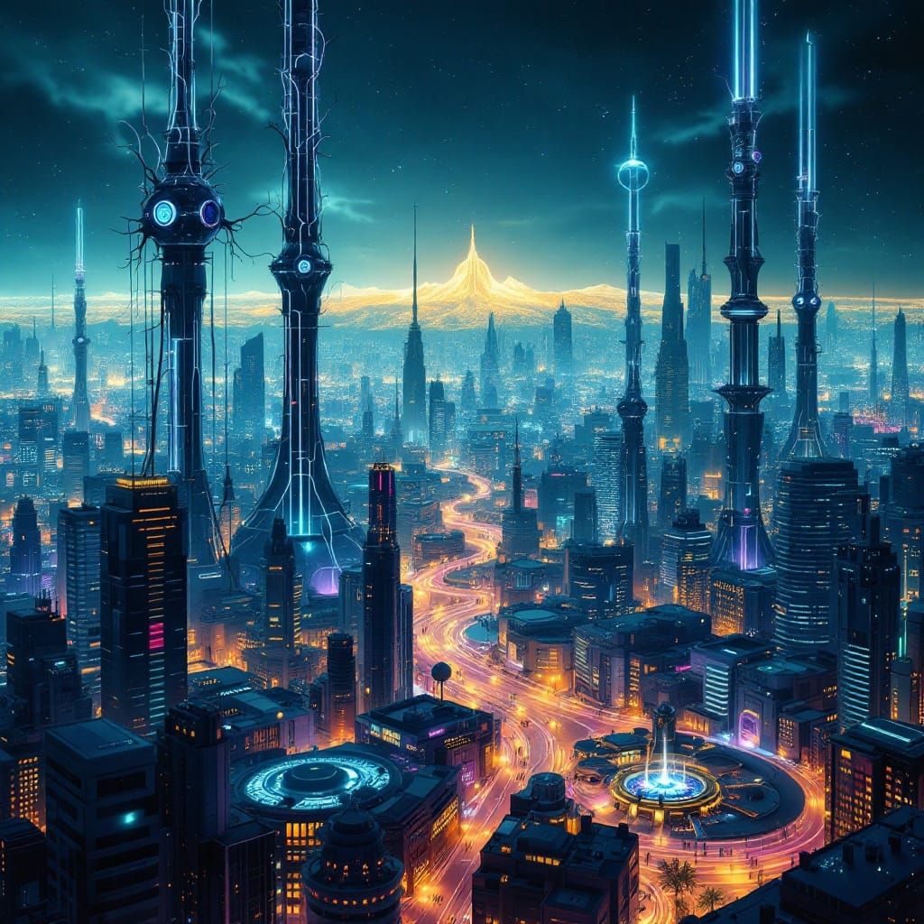 Neon Metropolis of Luminous Skyscrapers and Electric Blue In...