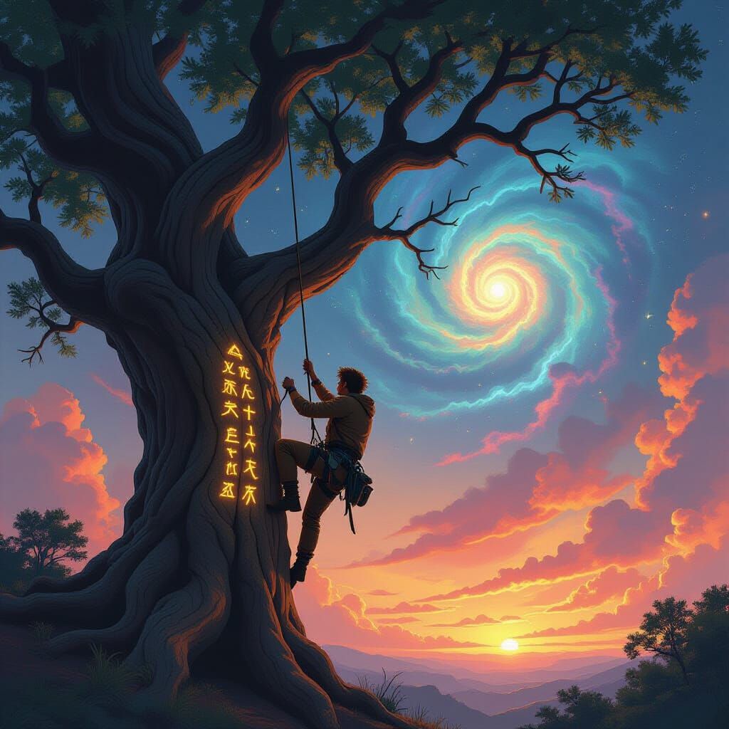 Climber Ascends Ancient Runed Tree Under Nebula Sky