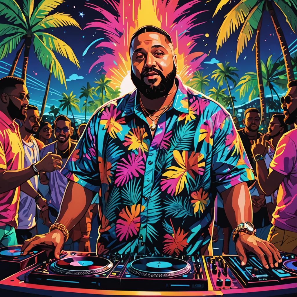 DJ Khaled Yacht Party in Neon Art Style
