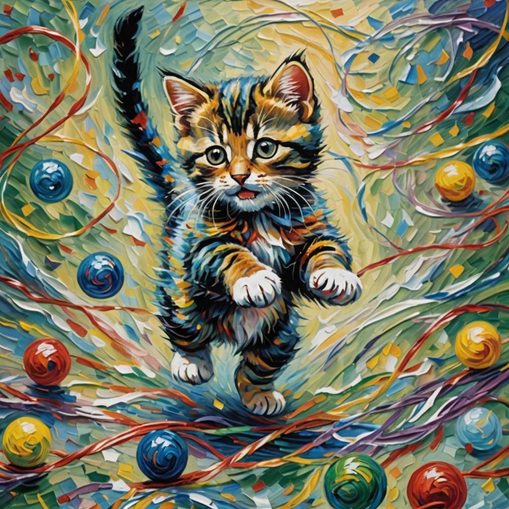 Kitten Pouncing: A Neo-Impressionistic Oil Painting