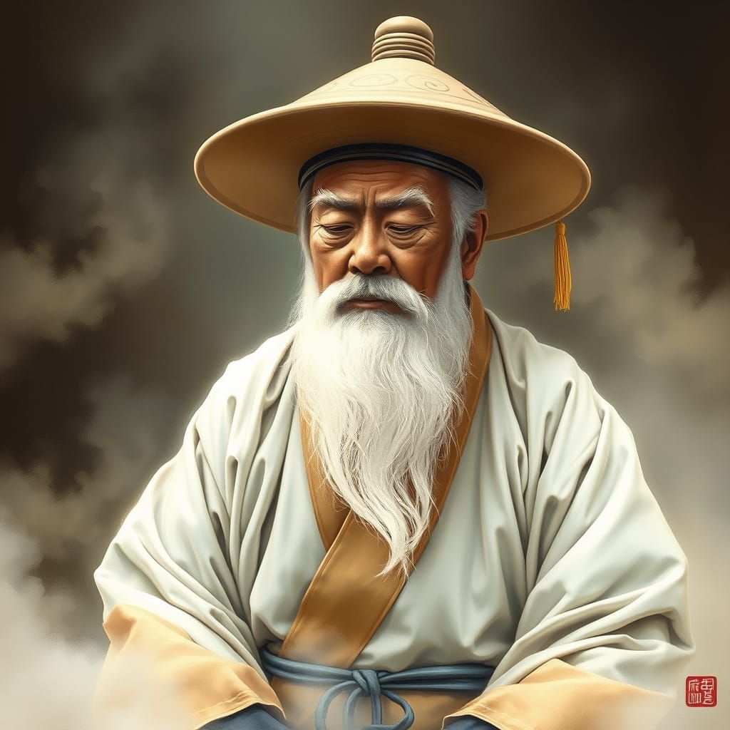 Realistic Elderly Master Wu in Traditional Asian Attire, Chi...