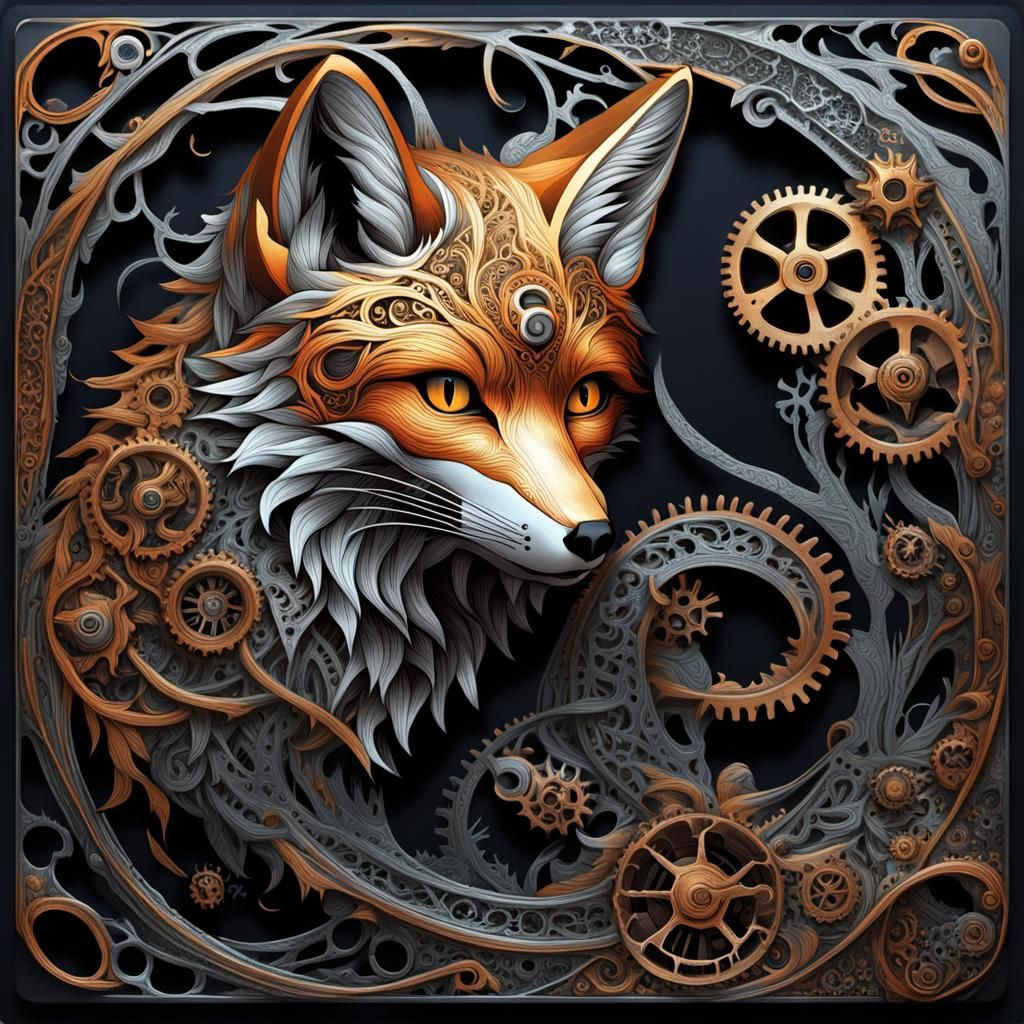 Fox Integrated with Metallic Vines in Sci-Fi Style