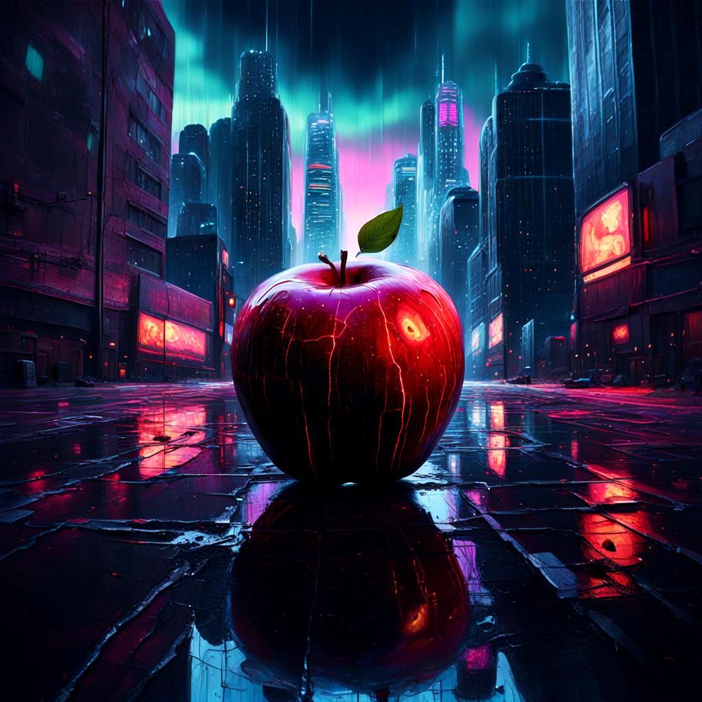 Surreal Giant Apple in Cyberpunk Cityscape