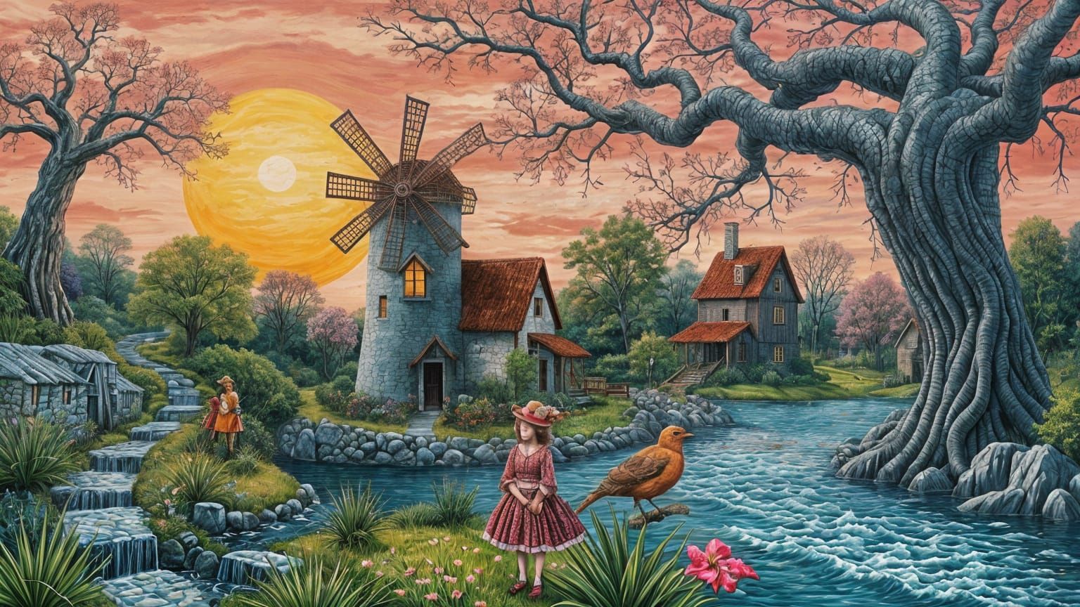 Abstract Watermill Scene in Vibrant Colors