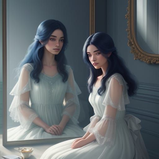 Girl Poses Before Mirror With Seated Reflection