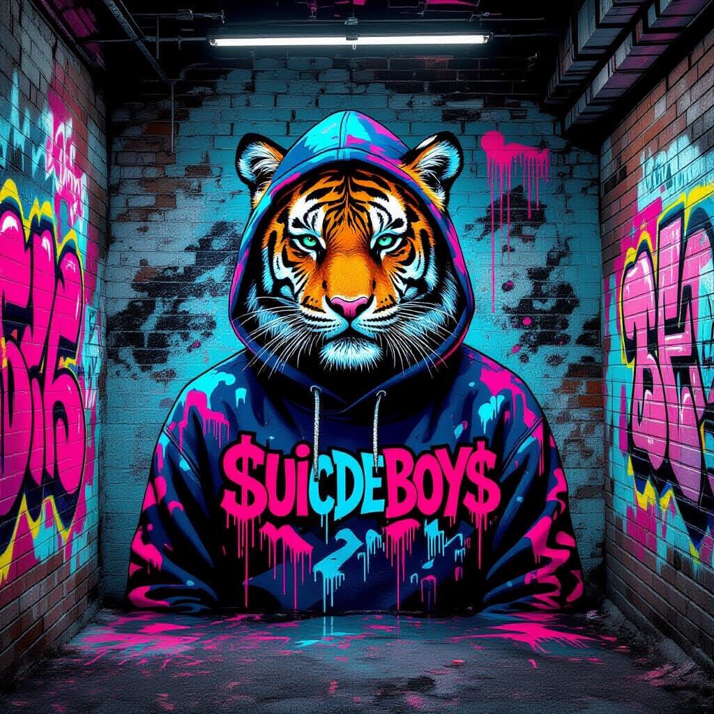 Psychedelic Tiger Graffiti Mural in Cyberpunk Style