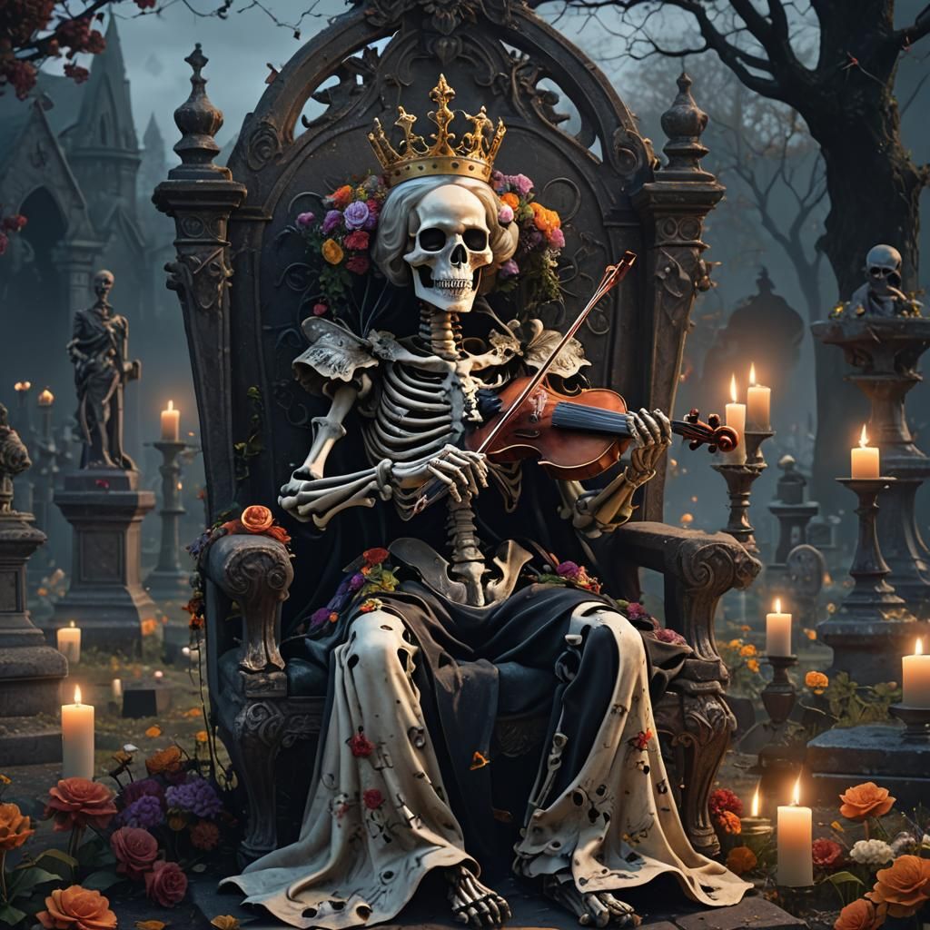 Crowned Skeleton Queen Plays Violin in Cemetery