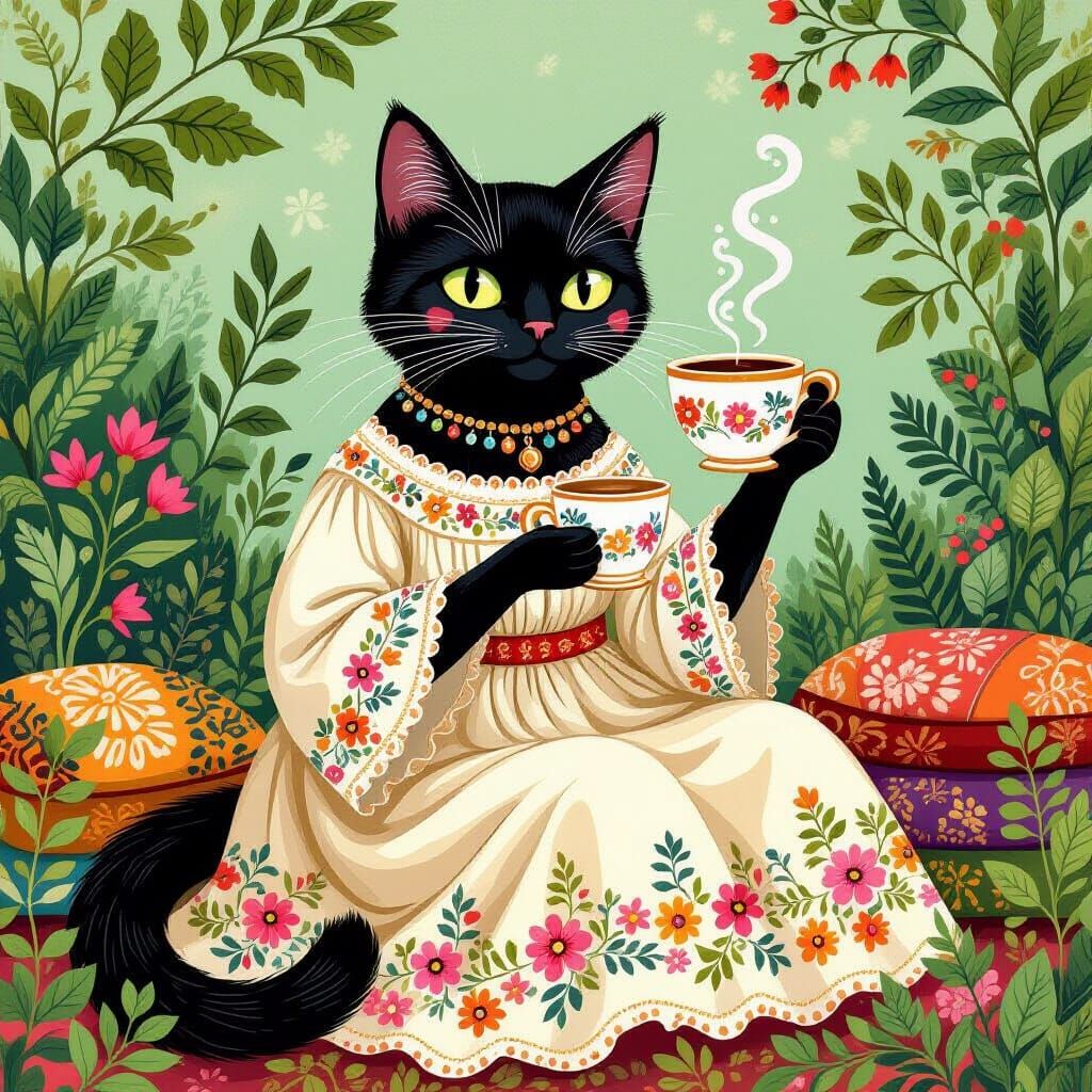 Boho Cat Enjoying Coffee in Lush Garden