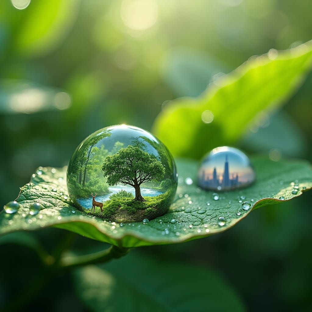 Macro Dew Drops Reflecting Miniature Worlds
