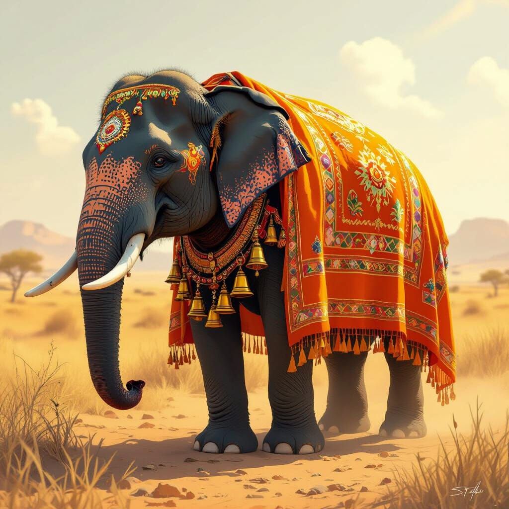 Ornate Elephant on Indian Savannah, Syd Mead Inspired