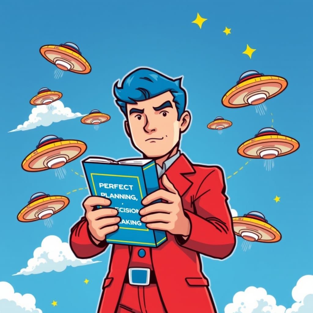 Vibrant Cartoon Figure in Red Suit Jacket Holds Blueprint fo...