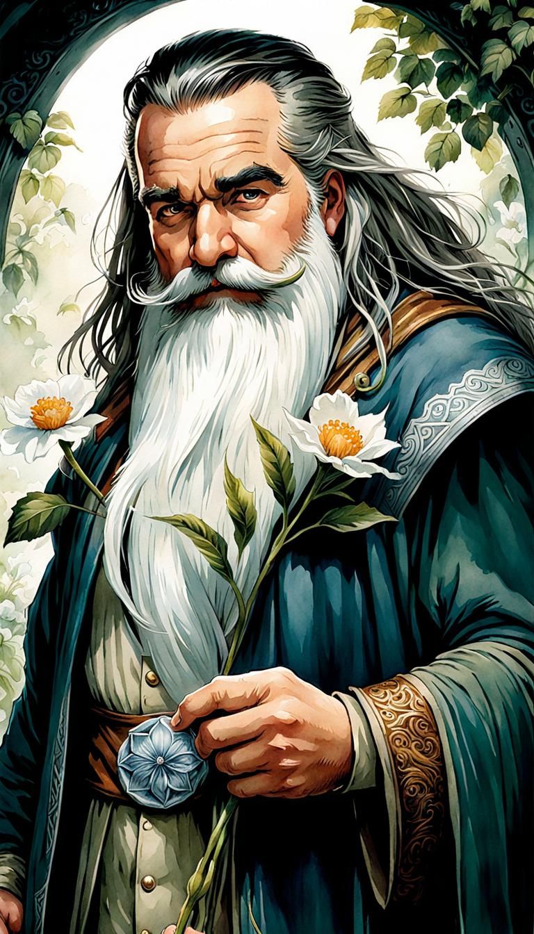 Tolkien Dwarf Portrait with Flower in Watercolour