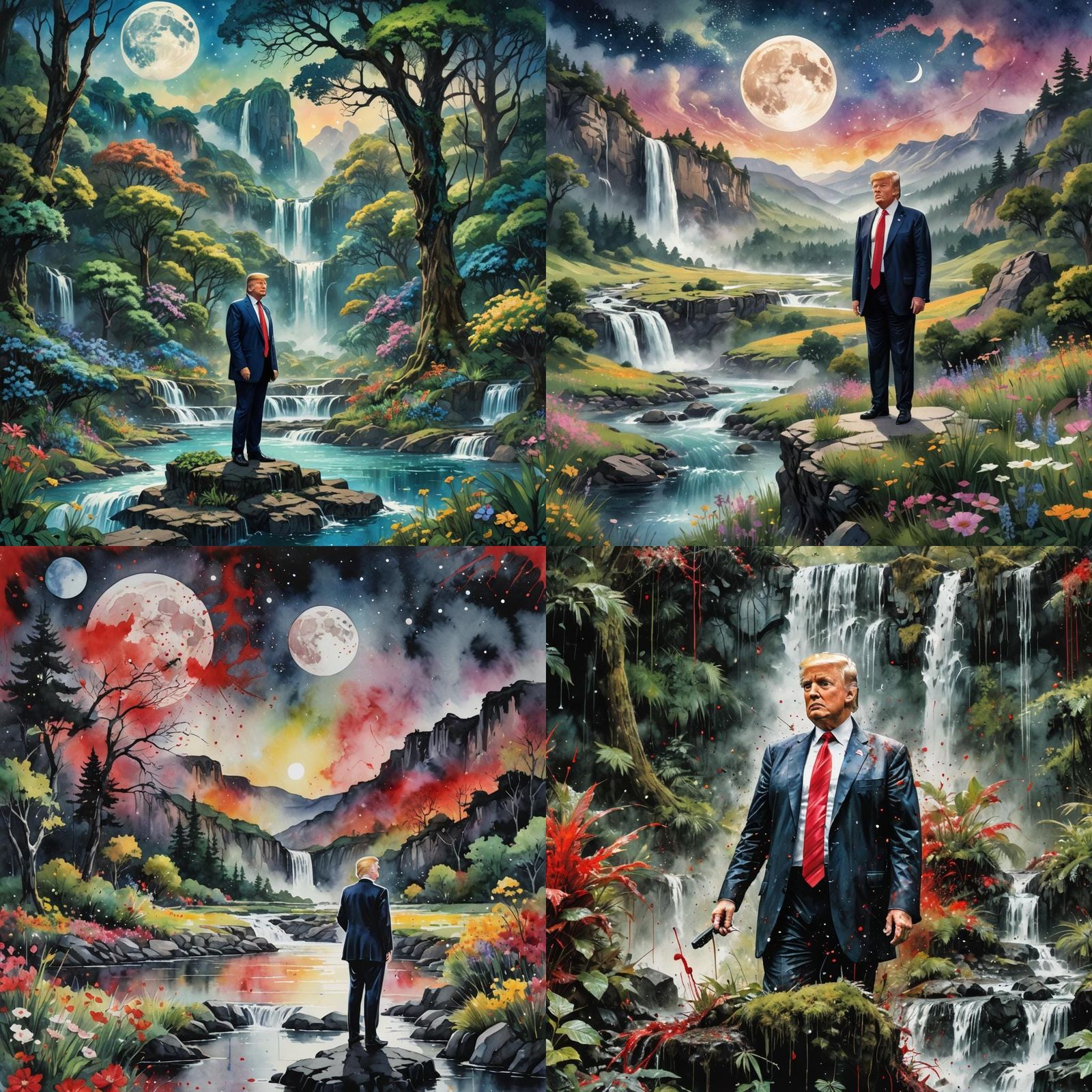 Trump in Summer Landscape, Watercolor Ink Splatter Art