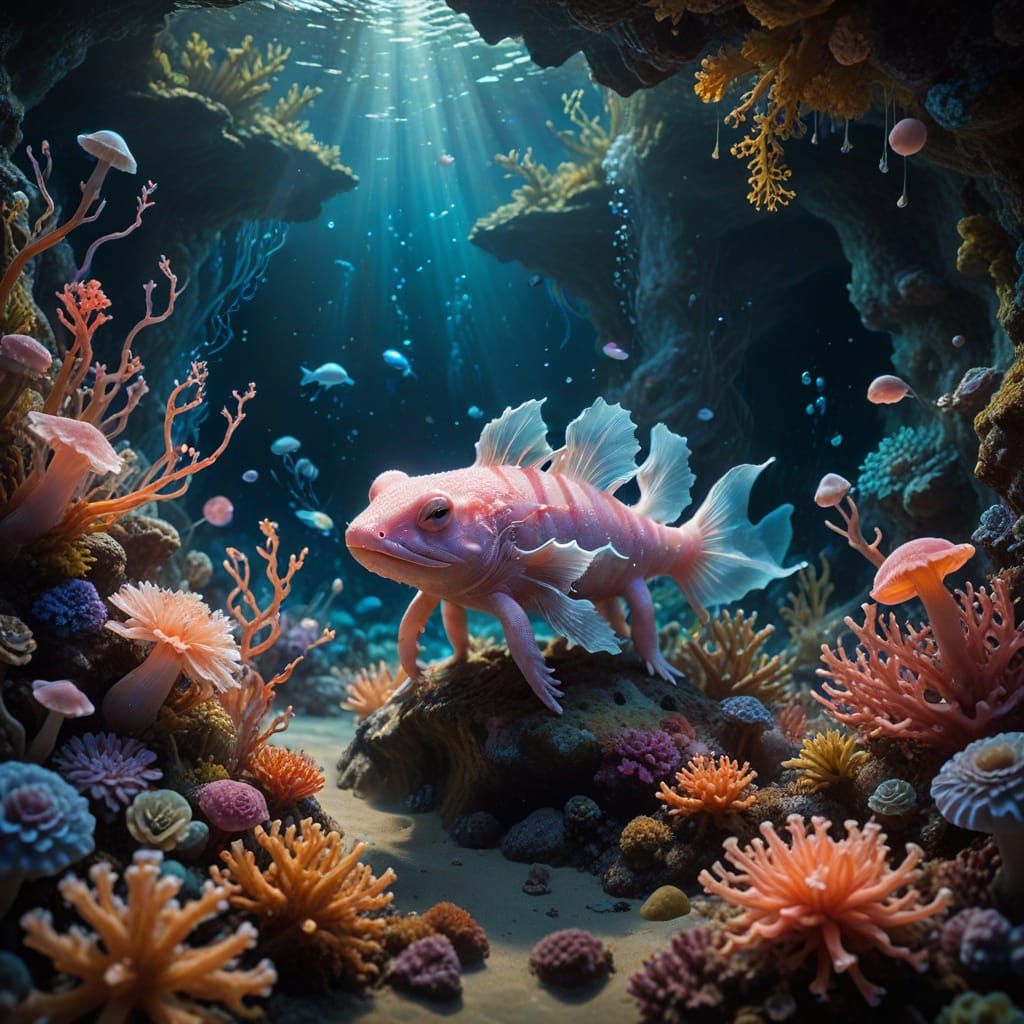 Ethereal Axolotls in Cosmic Bio-Art Landscape