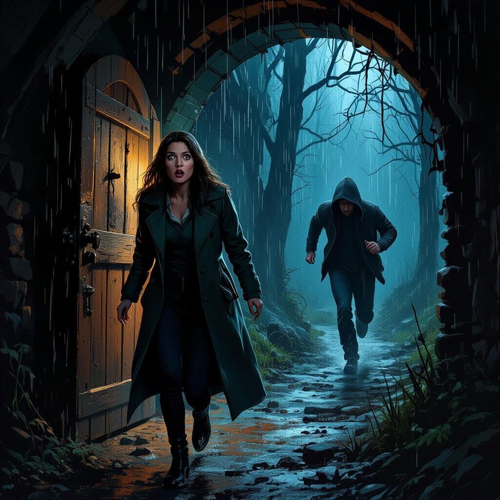 Frightened Woman in Cellar, Matte Painting Style