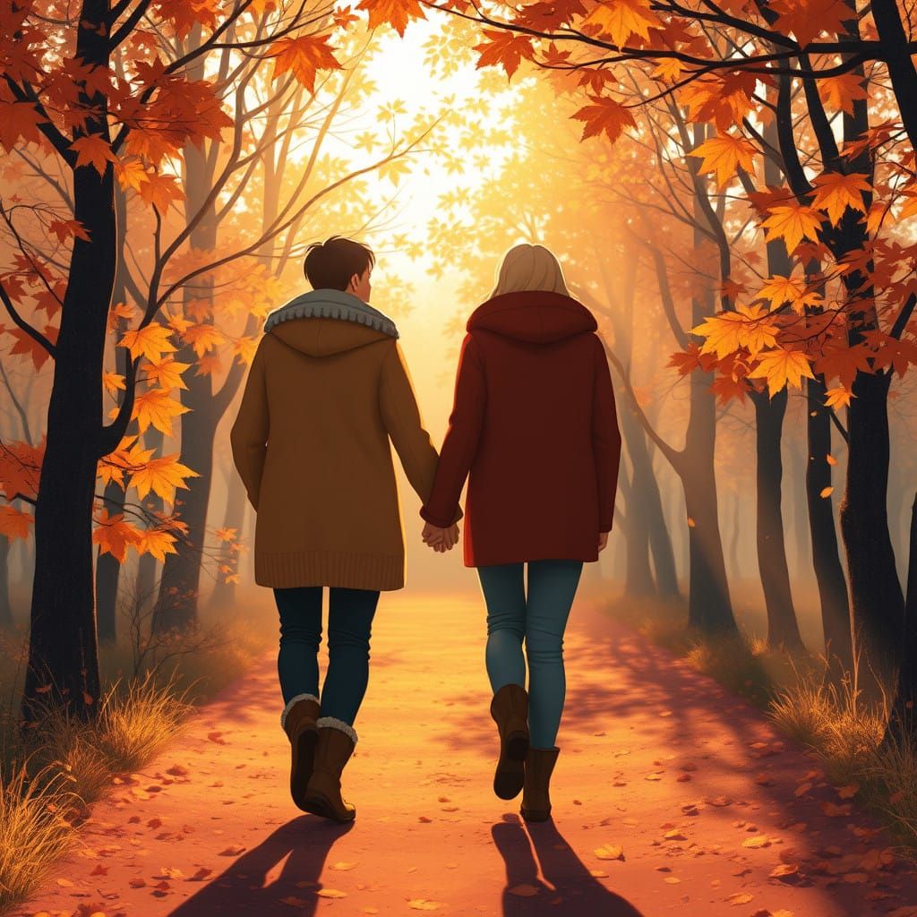 Romantic Couple Strolling Through Enchanted Autumn Forest wi...