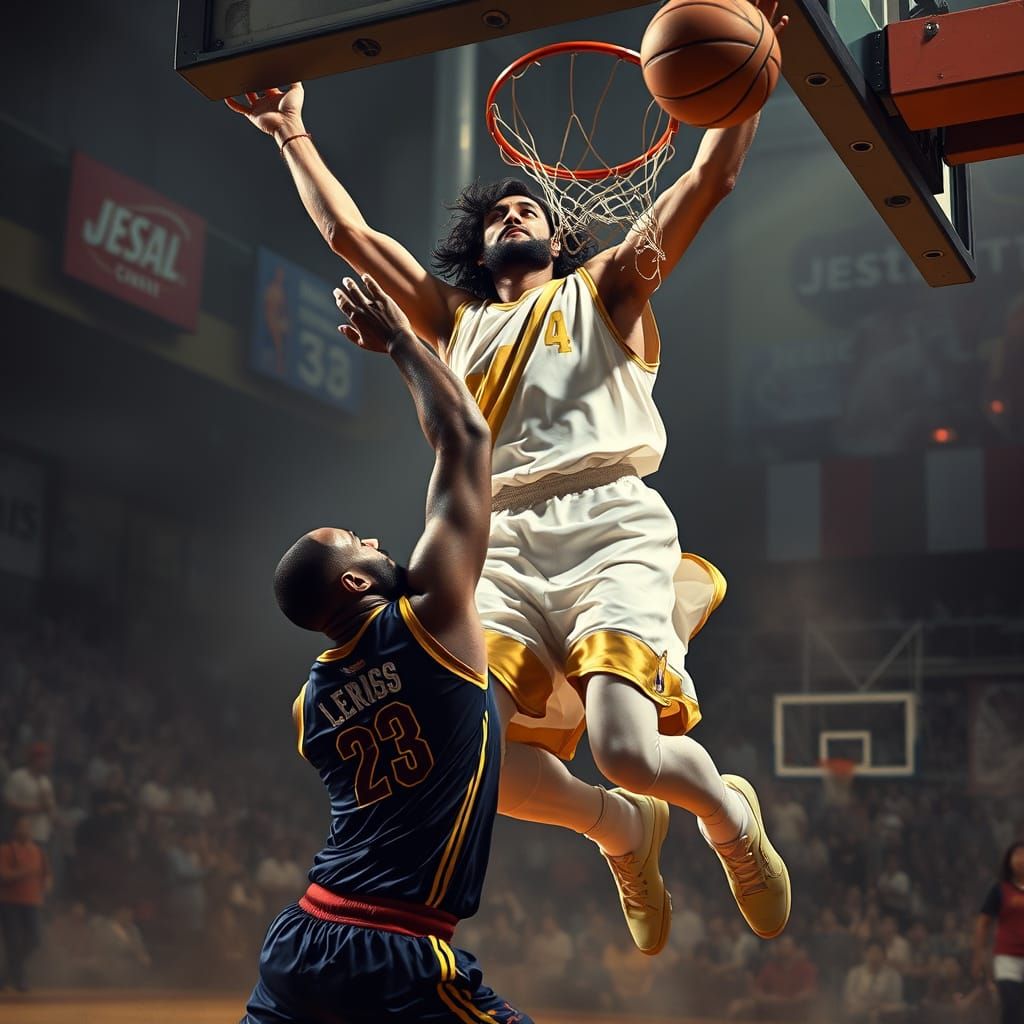 Jesus Christ Dunking Over Lebron James in a Vibrant Urban Ba...