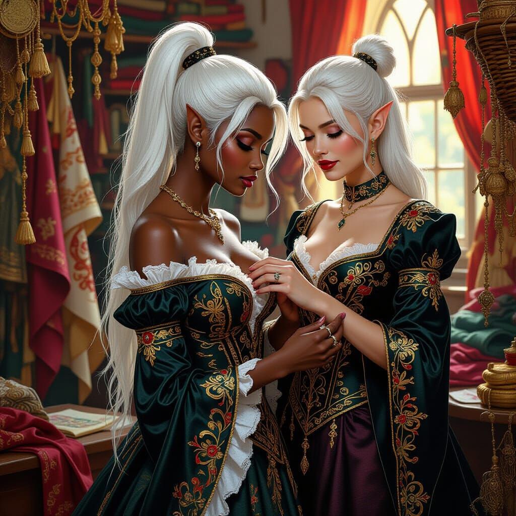 Elven Seamstress Visit in Oil Painting Style
